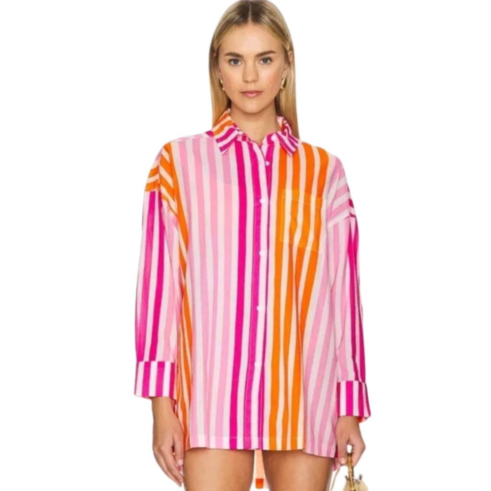 Beach Riot Striped Pink Orange White Striped Shirt - Petite Large